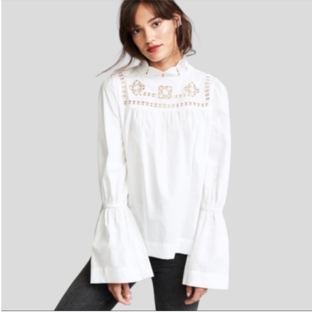 NWOT Free People Another Eternity White Bell Sleeve Crochet Mock Neck Blouse S
